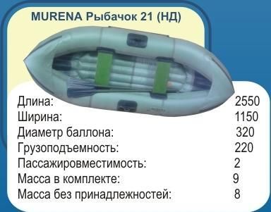 Лодка Мурена Рыбачок 21 (2,55м) резина Н/дно 9кг,2чел,220кг/бал.32см Россия фото